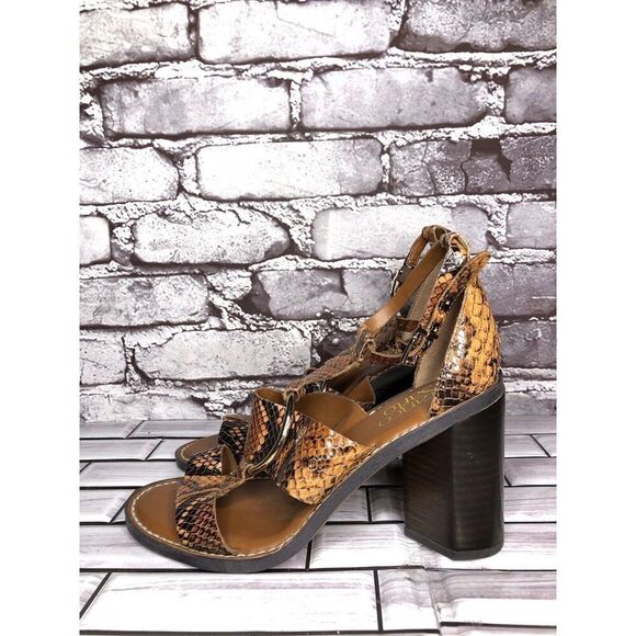 Franco Sarto Dandelion Snake Print Ankle Strappy Brown Leather Heels Women Sz 6M - Picture 1 of 16